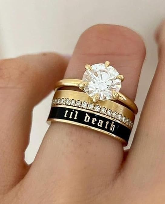 6mm and 4mm Wide Til Death Black Enamel Ring,Sterling Silver Band with Black Engraving, Gothic Wedding or Promise Ring, Stacking Anniversary Band, Personalized Jewelry for Her