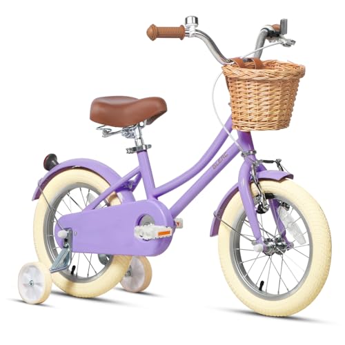 Glerc Little Molly 16 Inch Kids Bike, Retro Cruiser Girls Bike for Children Ages 4-7 Years Old, ‎Kids Bicycle with Wicker Basket & Training Wheels/Kickstand, Purple