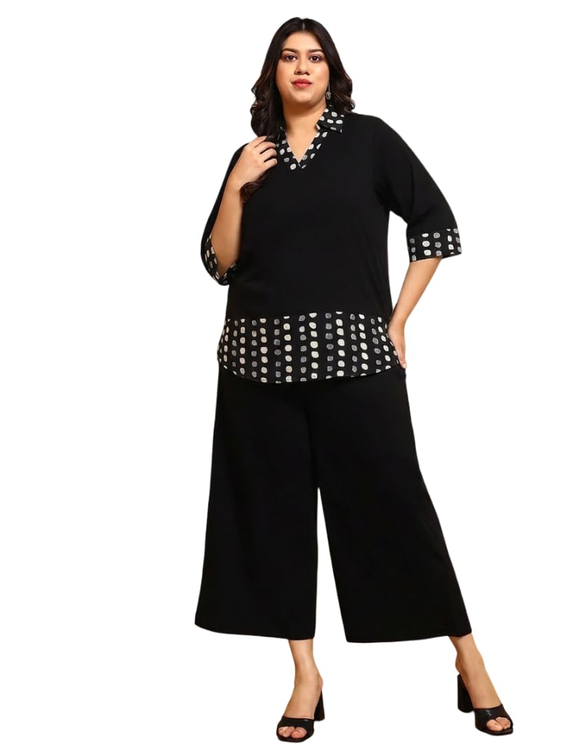 Solid With Striped Cotton Lycra Knit Top & Pants Plus Size Co-ord Set For Women's|3/4 sleeve Collar Neck Regular Fit Stylish Summer Western Casual Wear Ladies Cord Set (Black)-image-14