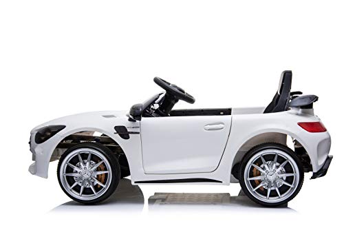 ES-TOYS Kinderfahrzeug - Elektro Auto Mercedes GT R - lizenziert - 12V4,5AH, 2 Motoren- 2,4Ghz Fernsteuerung, MP3, Ledersitz+Eva (Weiss)