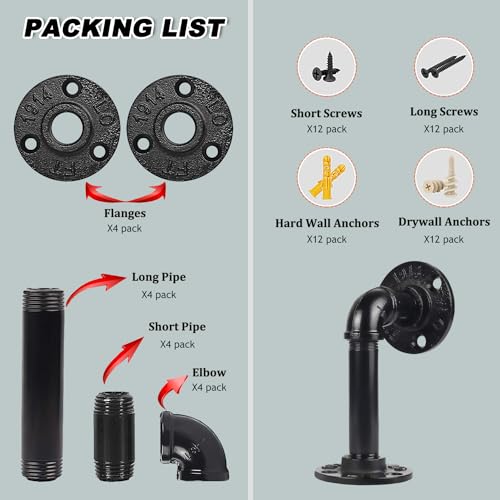 MLOQI 4 Pack Industrial Pipe Shelf Brackets, Black Wall Bracket for Shelves with Screws (Black 7 Inches), 7 inches 4 Pack - Image 3