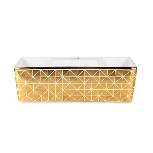 Image of Bonkaso ALTO 1005 Designer Ceramic Table Top Wash Basin | White & Gold Checked Rectangular Countertop Vanity Sink | 41 x 30 x 13 cm | Premium Glossy Finish Bathroom Basin