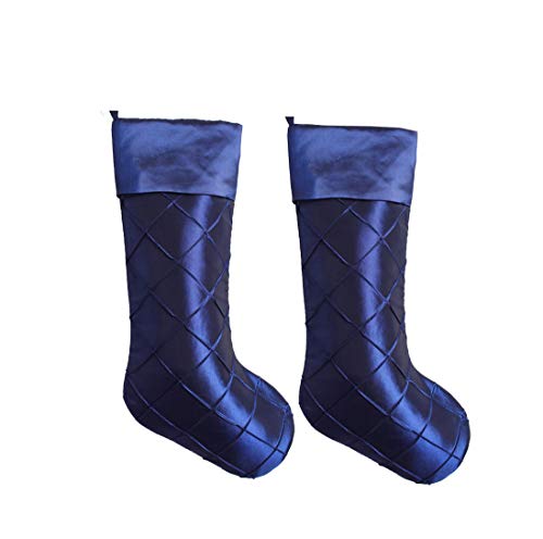 Gireshome Set Of 2Pcs Blue Handcraft Diamond Pintuck Body,Faux Silk Satin Cuff Christmas Stocking - 10"X18" #TOP5