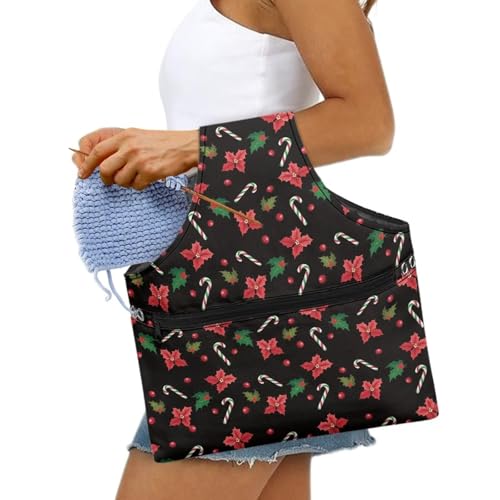 Image of KUIFORTI Christmas Yarn Bag for Crocheting, Xmas Poinsettia Flower Crochet Bag Organizer, Knitting Bag Crochet Bag Large Yarn Bags for Crocheting on The Go