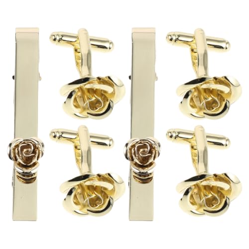 Gemelos y pinza para corbata dorados de cobre con diseño de rosa formal elegante