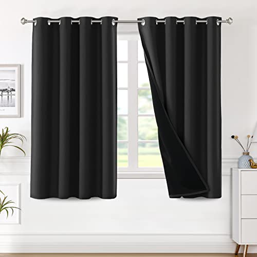 H.VERSAILTEX 100% Blackout Curtain Panels 45 Inches Long Thermal Insulated Blackout Lined Curtains for Bedroom Two Layers Full Light Blocking Drapes for Living Room, 2 Panels, Black