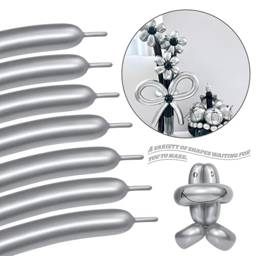 Image of LXZFCRG 260 Long Balloons, Shiny Metallic Latex Twisting Balloon for Balloon Animals, Magic Balloons for Birthdays Wedding Party Decorations 100pcs (Metallic Silver)