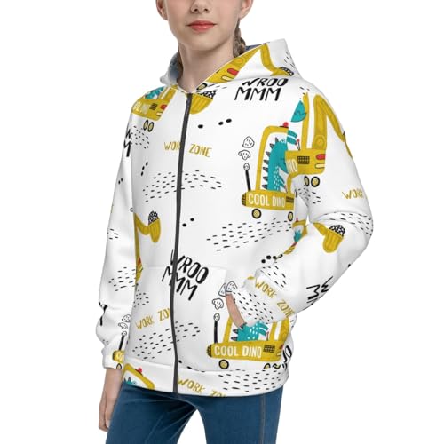 Dinosaur on Excavator Kid Hoodies Boys Zip Up Sweatshirts Girls Pullover with Pocket