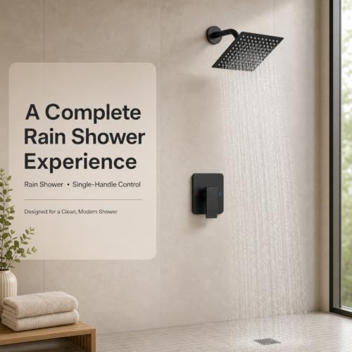Set de grifería para ducha con cabezal cuadrado de 8 pulgadas, montada en pared, color negro, mango único, acero inoxidable, válvula Rough-in, rosca interna 1/2" NPT miniatura 2