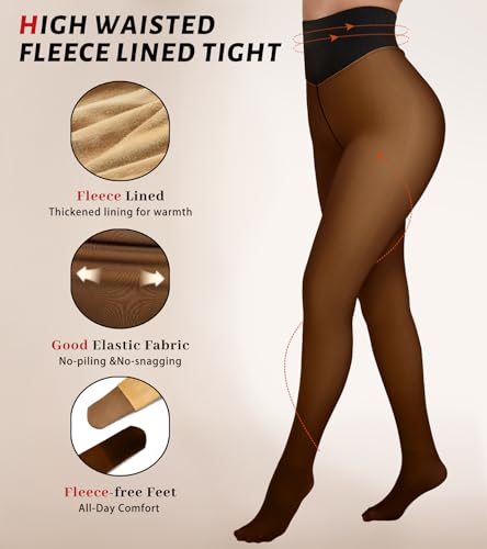 ciksob Fleece Lined Tights Women Winter Thermal Leggings Pantyhose Fake Translucent Hight Waist Thick Warm Sheer Stockings (Small, Dark Brown) - image 3
