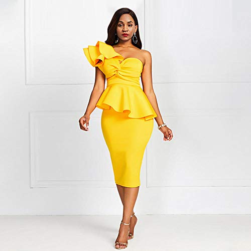 Preisvergleich Produktbild OKHGF Damenkleider Gelb Eine Schulter Elegantes Kleid Ärmellose Rüschen Reißverschluss Knielange Party Formelle Damenkleider-Gelb_6