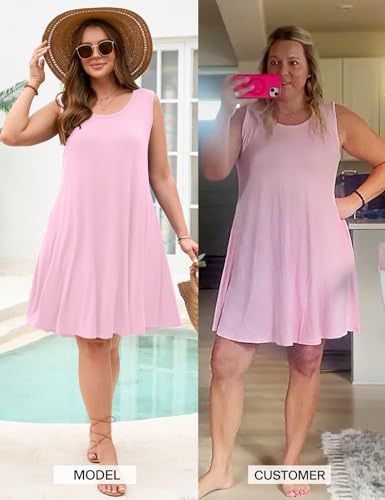 Image of JollieLovin Women Plus Size Curvy Summer Tank Sun Dresses Sleeveless Causal T-Shirt Dress Beach Swing Cover up(L-5X)