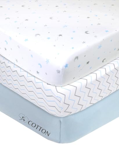 Image of American Baby Company 3 Pack 100% Natural Cotton Fitted Pack and Play Sheets 39 inch x 27 inch - Soft & Breathable Pack N Play Sheets for Playard & Mini Crib Mattress, Blue Star /Zigzag, for Boys & Girls