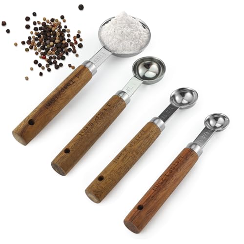 Realand Measuring Spoons Set of 4, Stainless Steel Measuring Spoons with Wooden Handle, 1/4 tsp, 1/2 tsp, 1 tsp, 1 tbsp, Tablespoon and Teaspoon Metal Measure Spoon