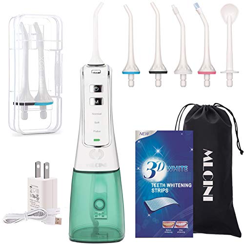 Water Flosser Oral irrigator MLCINI Cordless Water flosser for Teeth Cleaning Portable Water floss Travel&Home, Office 3 Modes 5 Jet Tips IPX7 Waterproof 300ML with 1 Box Teeth Whitening Strips