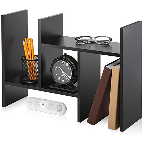 FITUEYES Desktop Shelves Office Desk Organizer Storage Rack Free Style Adjustable Wood Display Stand Shelf Racks Counter Top Bookshelf, Black, DT207201WB