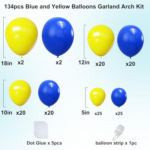 Image of YMSZ Blue and Yellow Balloons Arch Kit, 134pcs Royal Blue and Yellow Balloons for Birthday, Graduation, Baby Shower Party Decorations