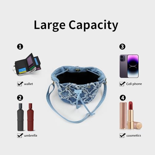 Women Denim Bucket Bag, Jean Small Crossbody Bags for Women, Fashion Rhombus Shoulder Bag with Drawstring4