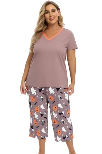 Image of Vozanet Women's Pajamas Set Soft V Neck Sleepwear Top and Capri Pj Lounge Sets Cartoon Heart Shape Cat Nighty Plus Size