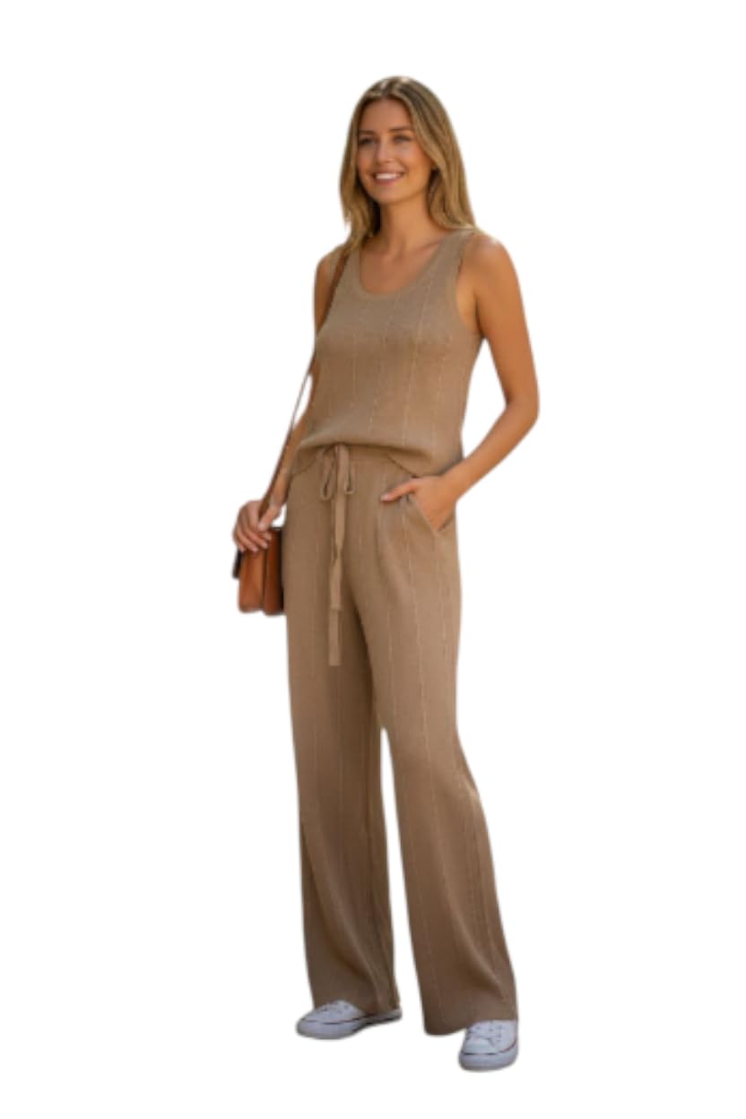 Women's Casual Knit Jumpsuit, Sleeveless Wide Leg, Taupe Brown, Drawstring Waist, Relaxed Fit(small)-picture-48