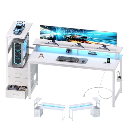 Image of DUMOS 59 inch Reversible Gaming Computer Desk with Drawers and Power Outlet