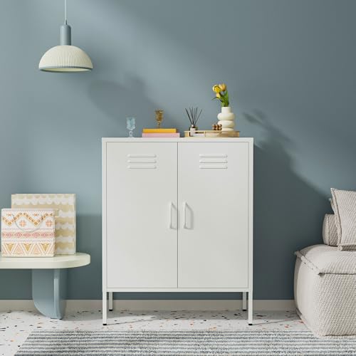 Lendo Online Aparador Metálico – Mueble de Almacenaje Industrial para Salón – 80x40x100 cm – Cómoda de Acero con Recubrimiento en Polvo (Blanco)