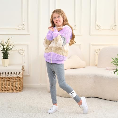 Image of Girls Zip up Hoodie Kids Fuzzy Fleece Jacket with hood Fall Winter Contrast color Pullover Sweatshirt 4-14 Years