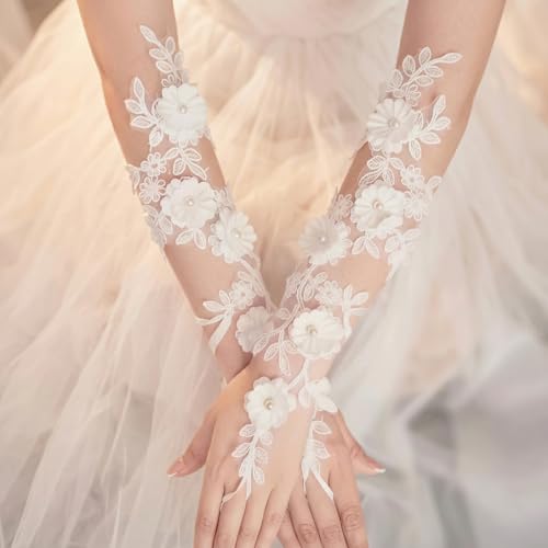 Image of PATPAT Bridal Wedding White Gloves for Women with Pearl, Elegant Lace Gloves for Women Princess Glove for Bride, Cosplay & Formal Events Banquet Stage Performance Accessories