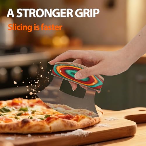 Pizza Cutter Rocker Knife, Sharp Ulu Knife with Wooden handle, Stainless Steel Blade Mincing Knives with Colored Wood Stand - image 2
