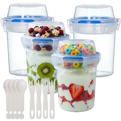 Image of Basicwise 480ml Airtight Cereal Storage Container with Separate Topping Cup Leak-Resistant Clip-Lock Lid Stackable Snack & Yogurt Cup for On-the-Go Breakfast Travel School Office & Daily Use, Set of 4