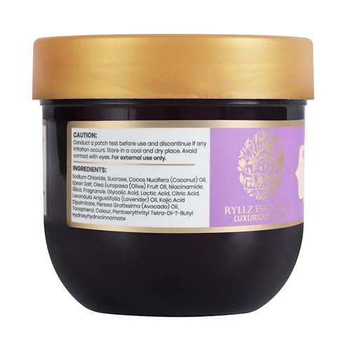 Image of RYLLZ ESSENTIALS Bulgarian Lavender Body Scrub & Polisher | with AHA, Epsom Salt, Kojic Acid, Niacinamide & Glycolic Acid | for Dead Skin Cells, Ingrown Hair & Skin Feeling Smoother /Polished | 200 ml