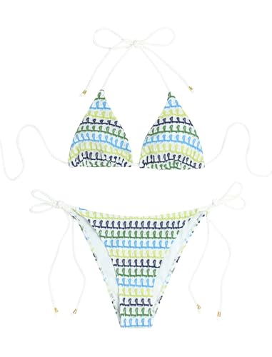 Image of ZAFUL 2 Piece Triangle Bikini for Women Knitted Rope Halter Bikini Sets Sexy Bathing Suit Side Tie Swimsuits Beachwear