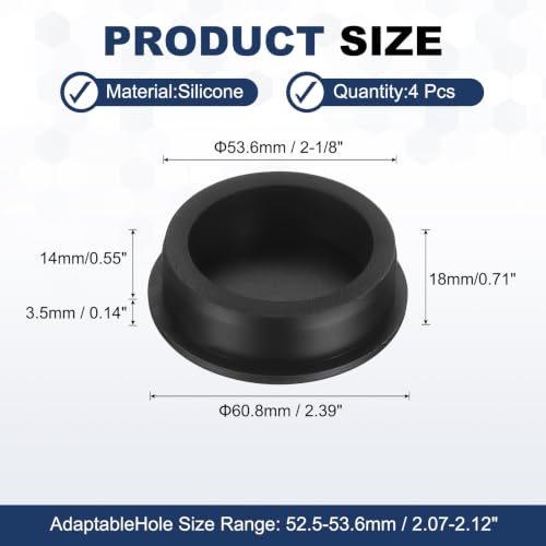 Image of MECCANIXITY 4pcs T-Shaped Silicone Plugs 53.6mm 2-1 /8 Inch Dia Snap in Plug Hole Seal Cover Round Rubber Stopper for 52.5-53.6mm Holes Kitchen Rubber Bulkheads Waterproof Sealing, Black