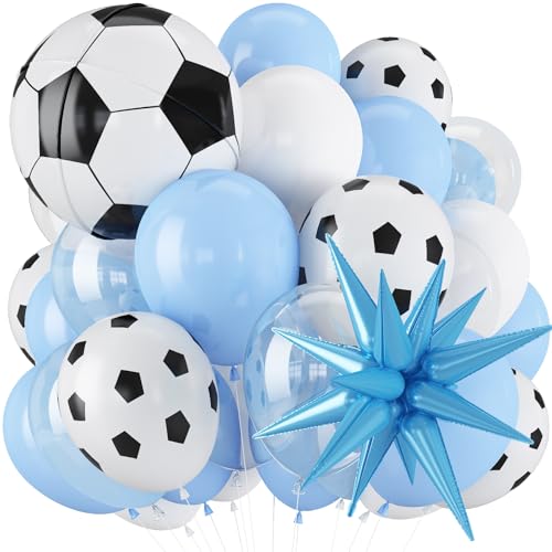 Image of Blue and White Soccer Balloons, 12 Inch Baby Blue and White Soccer Balloons with 22 In Soccer Ball & Light Blue Star Foil Balloon for Boys Men Football Birthday Sports Theme Game Day Party Decorations