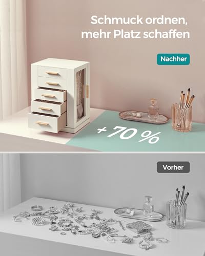 SONGMICS GISELLA Kollektion - Schmuckkästchen 360° drehbar, Schmuckkasten 5 Schubladen, seitliche Glasfenster, vertikale Schmuckaufbewahrung, offenes Design, Geschenkidee, wolkenweiß JBC170W01S