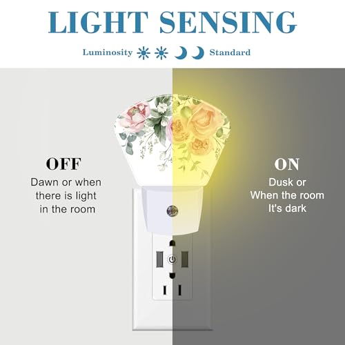 Image of Watercolor Pink Flowers Night Light Plug into Wall, Pink Roses Night Light with Dusk to Dawn Sensor for Kid Girls Boys Women Men Room, Hallway, Kitchen, Bathroom, Stairs Decor