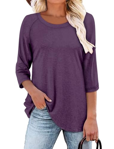 KISSMODA Tunic Tops for Women Loose Fit Dressy Round Neck Pleated 3/4 Length Sleeve Spring Tops