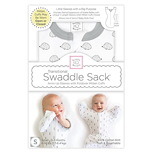 Image of SwaddleDesigns Transitional Swaddle Sack with Arms Up Half-Length Sleeves and Mitten Cuffs, Tiny Hedgehogs, Small, 0-3mo, 6-14 lbs (Better Sleep for Baby Boys, Baby Girls, Easy Swaddle (Pack of 2)