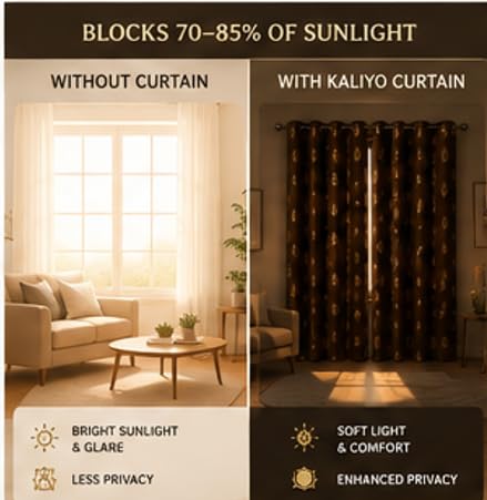 Image of KALIYO Cream Velvet Room Darkening Curtain with Gold Foil Floral Print | Eyelet Window Curtain | Soft Luxury Fabric | 9 Ft | Pack of 1