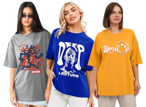 Image of LEOTUDE Women Cottonblend Oversized Baggy Fit Half Sleeve Round Neck Multicolor Combo T-Shirt for Women & Girls (Pack of 3)