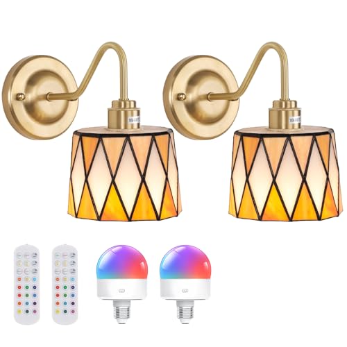 Image of Vintage Battery Operated Wall Sconce Set of 2, 5000mAh Rechargeable Wall Lamp 12 RGB Colors Dimmable, Gold Lights Fixture for Bedroom Bathroom Living Room Hallway Orange Checker