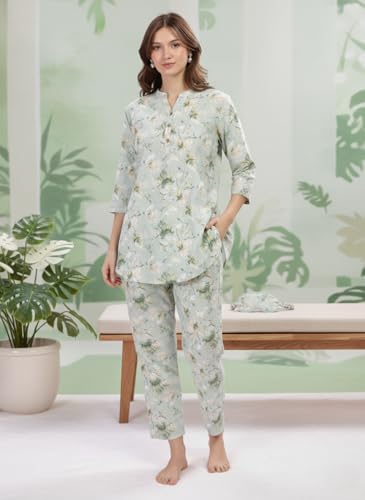 Image of 9shines Label Pure Cotton Printed Women Top & Pyjama Set | Pyjama co-ord Set | Night Suit | Lounge wear for Home | Nightwear Set for Women | Night Dress for Women Stylish (COPJ-5)
