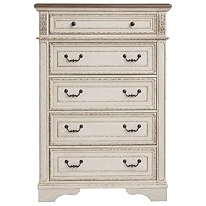 Signature Design by Ashley Realyn French Country Two Tone 5 Drawer Chest of Drawers, Chipped White Signature Design by Ashley Realyn French Country Two Tone 5 Drawer Chest of Drawers Chipped White