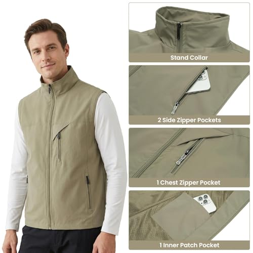Image of Mens Vests Outerwear Windproof Lightweight Softshell Sleeveless Jacket | Breathable Zip Up Multi-Pockets Quick Dry Sports Vest for Golf Hiking Fishing Running