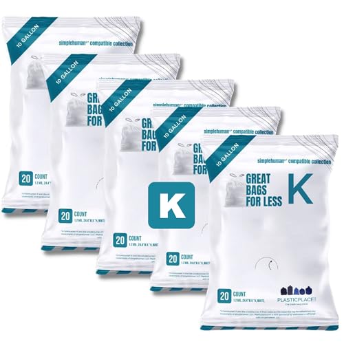 Image of Plasticplace Custom Fit Trash Bags, Compatible with simplehuman Code K Packs, White Drawstring Garbage Liners 10 Gallon, 24'' x 28'' (20 Count /5 Pack)