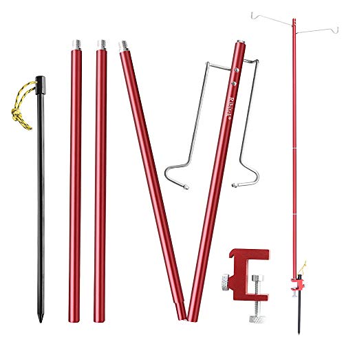 ランタンスタンド ランタンポール Ribitek 強化版 テーブル・地面両用 高さ調節可能 ランタンハンガー2個付き 高強度アルミ製 軽量 ペグ付き コンパクト 収納ケース付き キャンプ用品 アウトドアに最適 (テーブル/地面両用-赤)