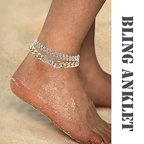 Impurain Bling Tennis Anklet Bracelet For Women Layered Link Chain Anklet Beach Shiny Rhinestone Ankle Jewelry (3-Layer Gold) #TOP2
