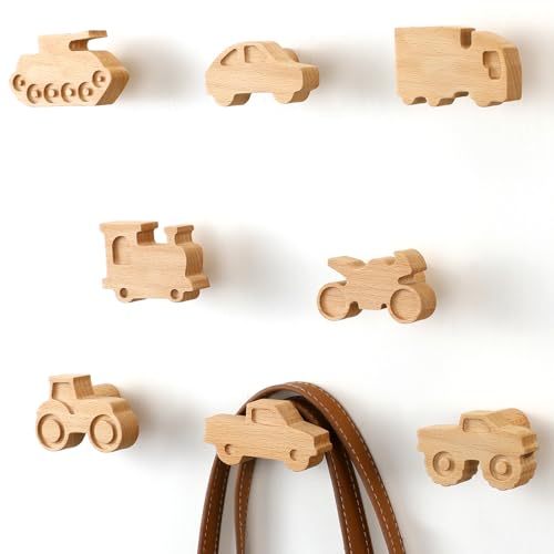 8 Pack Kids Coat Hooks Wall Mount Car Shaped Wooden Coat Rack for Kids Room Nursery Wood Wall Hooks for Hanging Hats, Backpacks, Towels, Keys and Clothes