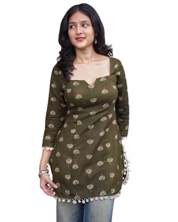 Women Olive Green Printed Cotton Short Kurta Stylish Back Lace Design Kurti 3/4 Sleeve Casual Ethnic Top for Women & Girls-picture-53