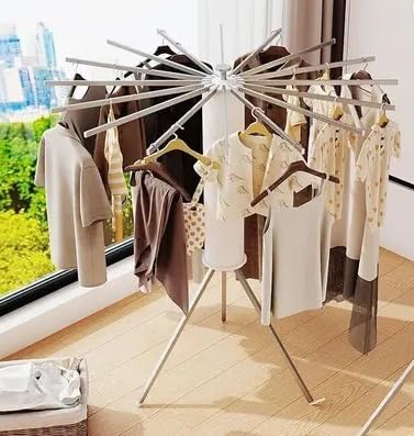 Aluminium Floor Cloth Dryer Stand, Foldable Clothes Drying Rack with 16 Rods, 360° Rotating Arms, Aluminium Indoor Outdoor Laundry Stand 1 Tier (White)-image-38